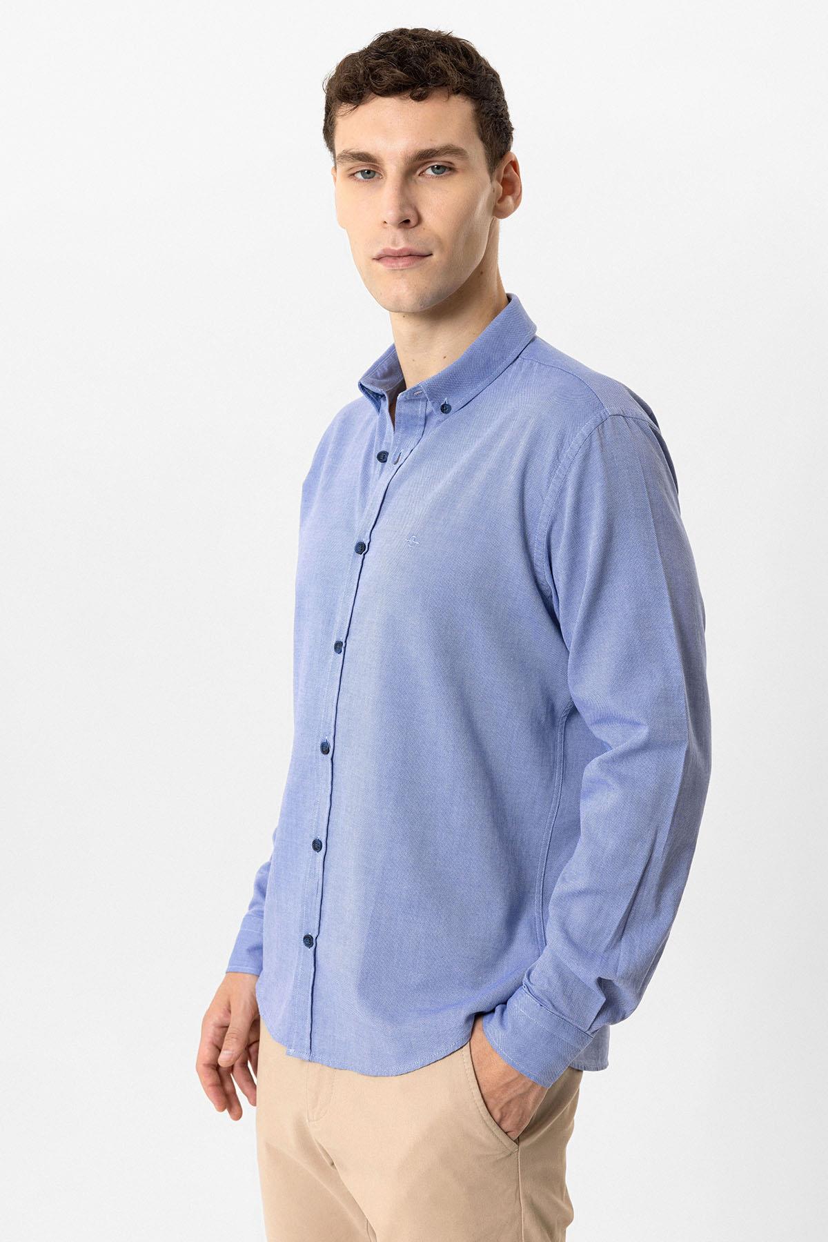 Lacivert Slim Fit %100 Pamuk Oxford Gömlek
