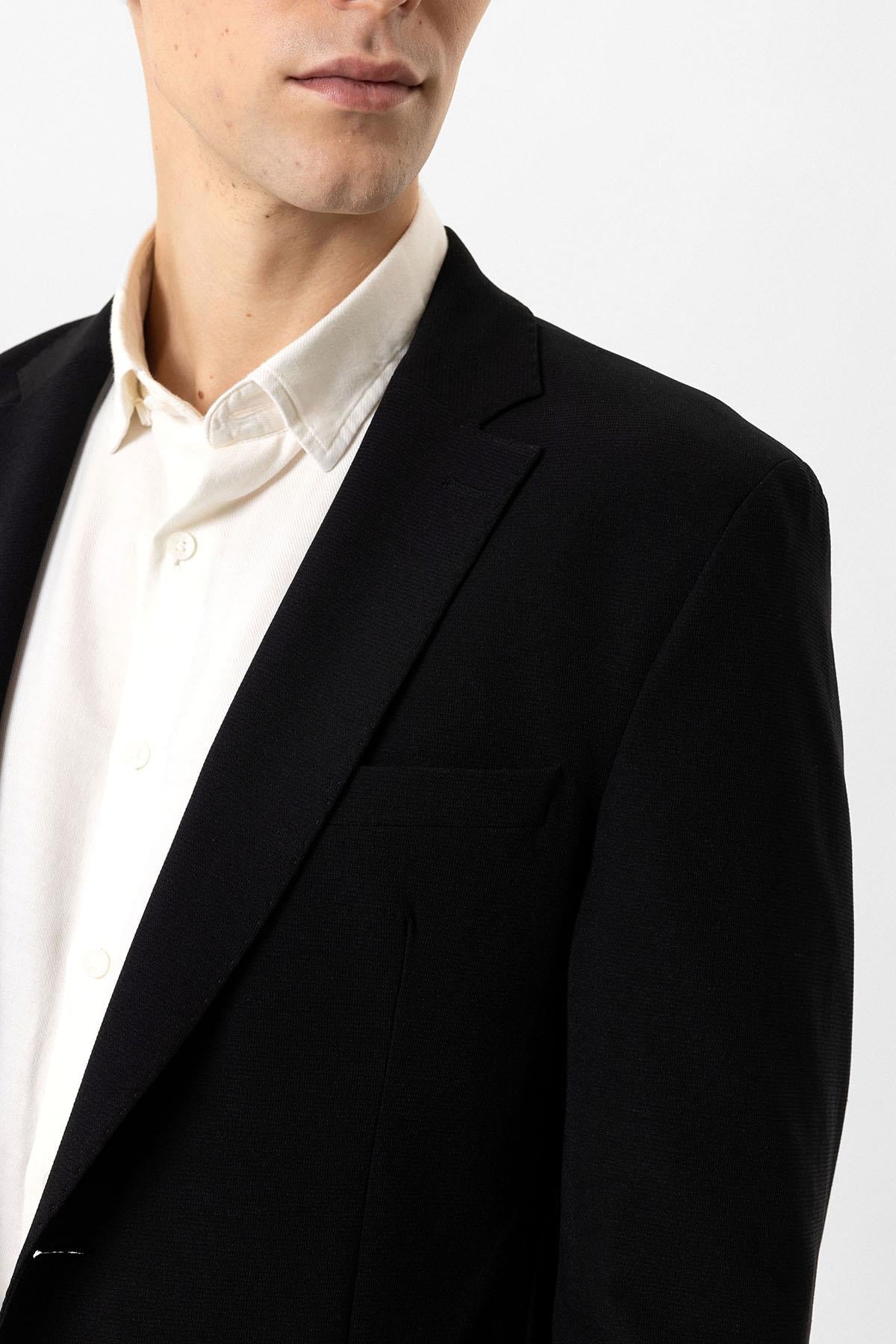 Siyah Slim Fit Mono Yaka %100 Pamuk Ceket