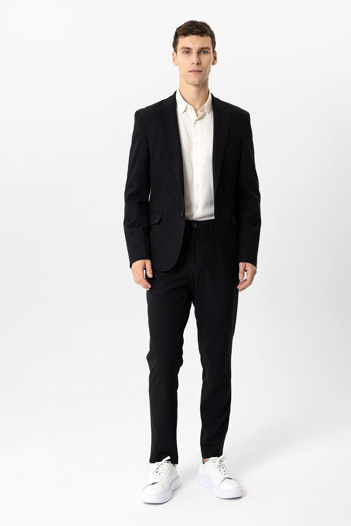 Siyah Slim Fit Mono Yaka %100 Pamuk Ceket