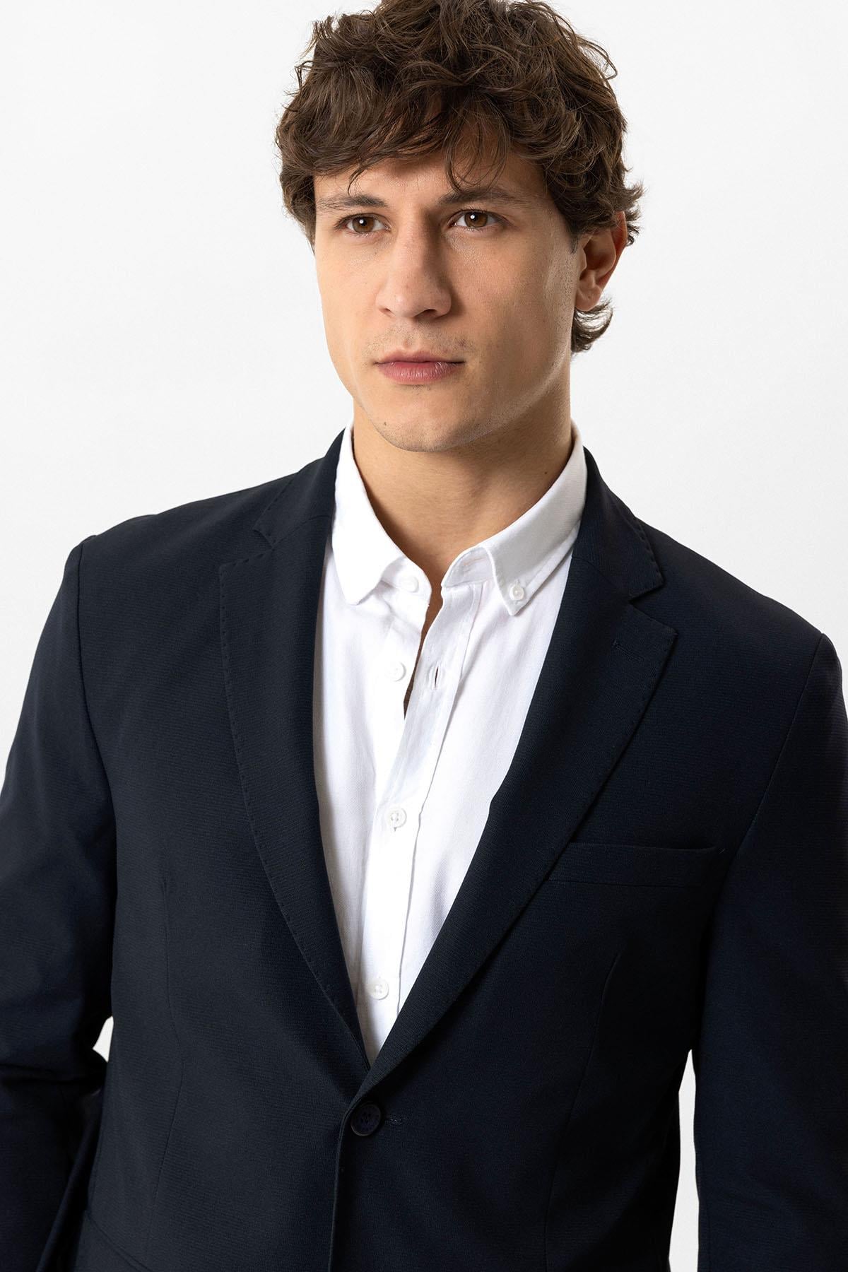 Koyu Lacivert Slim Fit Mono Yaka Dokuma Ceket 