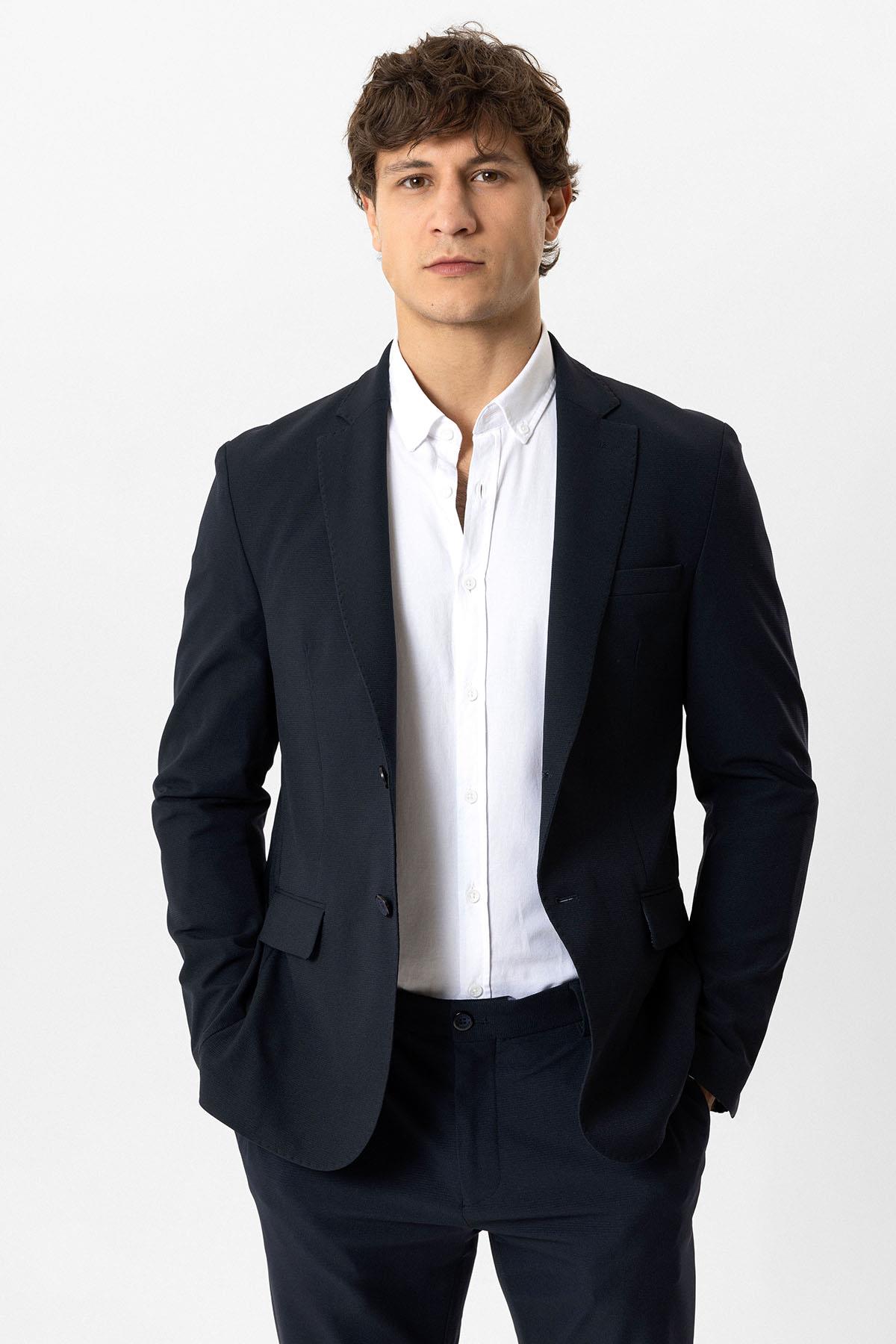 Koyu Lacivert Slim Fit Mono Yaka Dokuma Ceket 