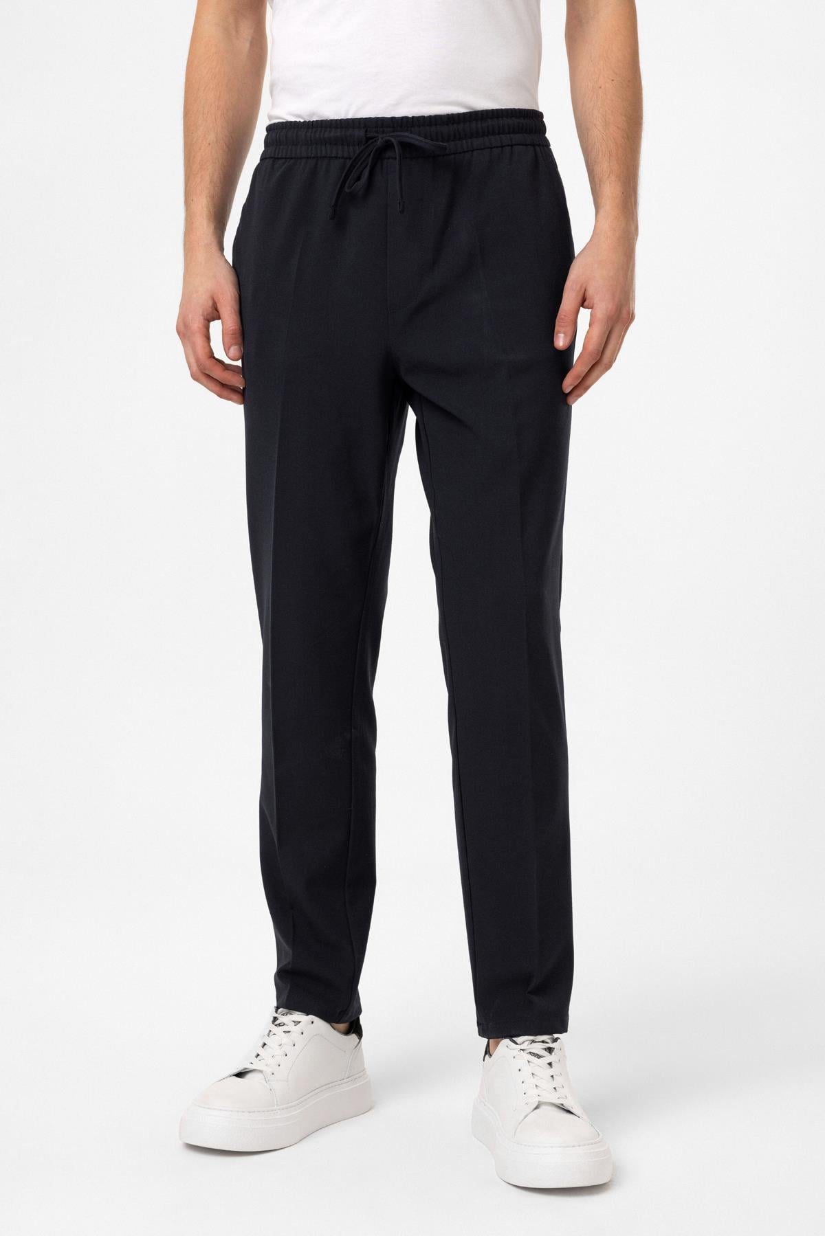 Lacivert Slim Fit Yan Cep Beli Bağcıklı Casual Pantolon
