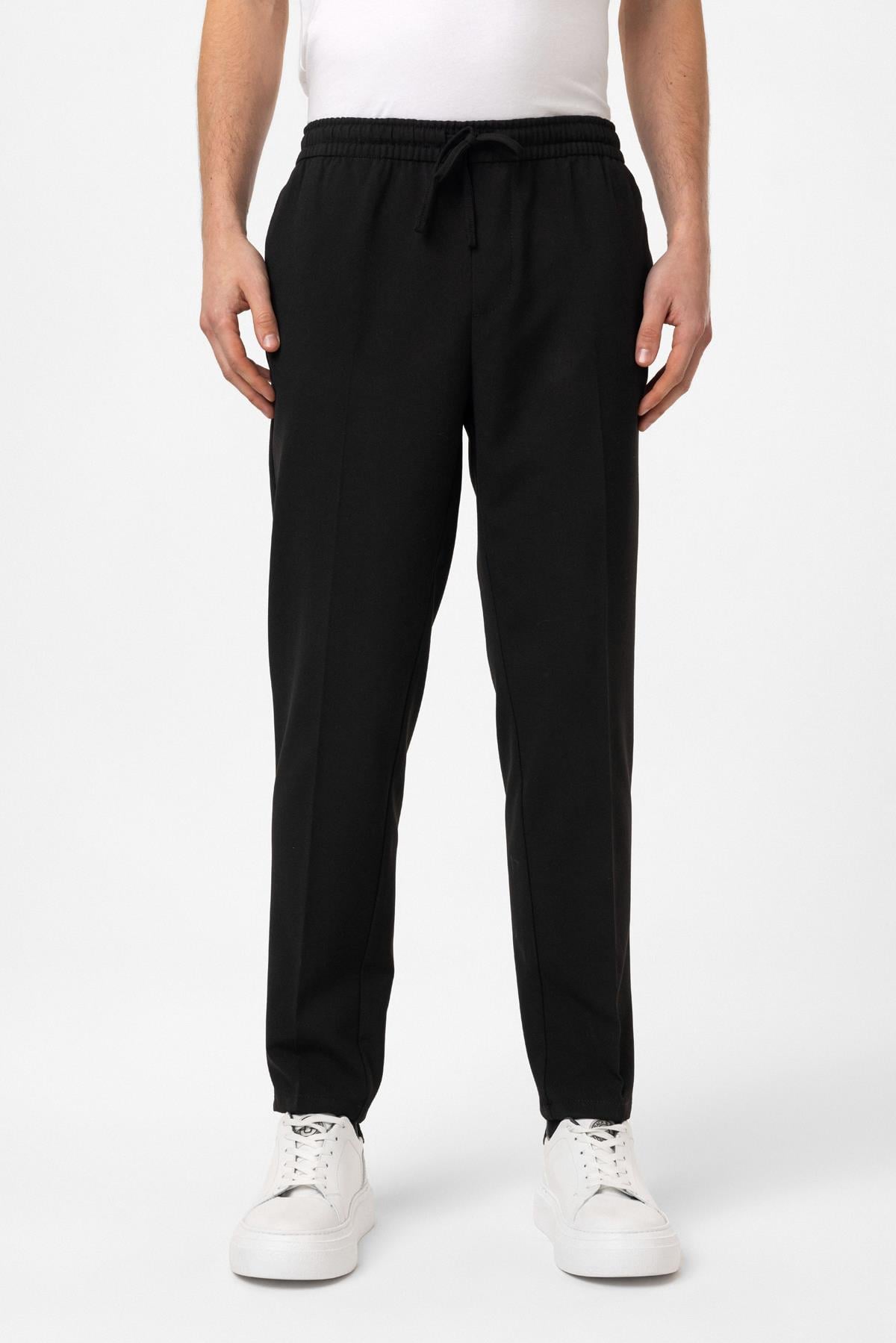 Siyah Smart Fit Yan Cep Beli Bağcıklı Casual Pantolon
