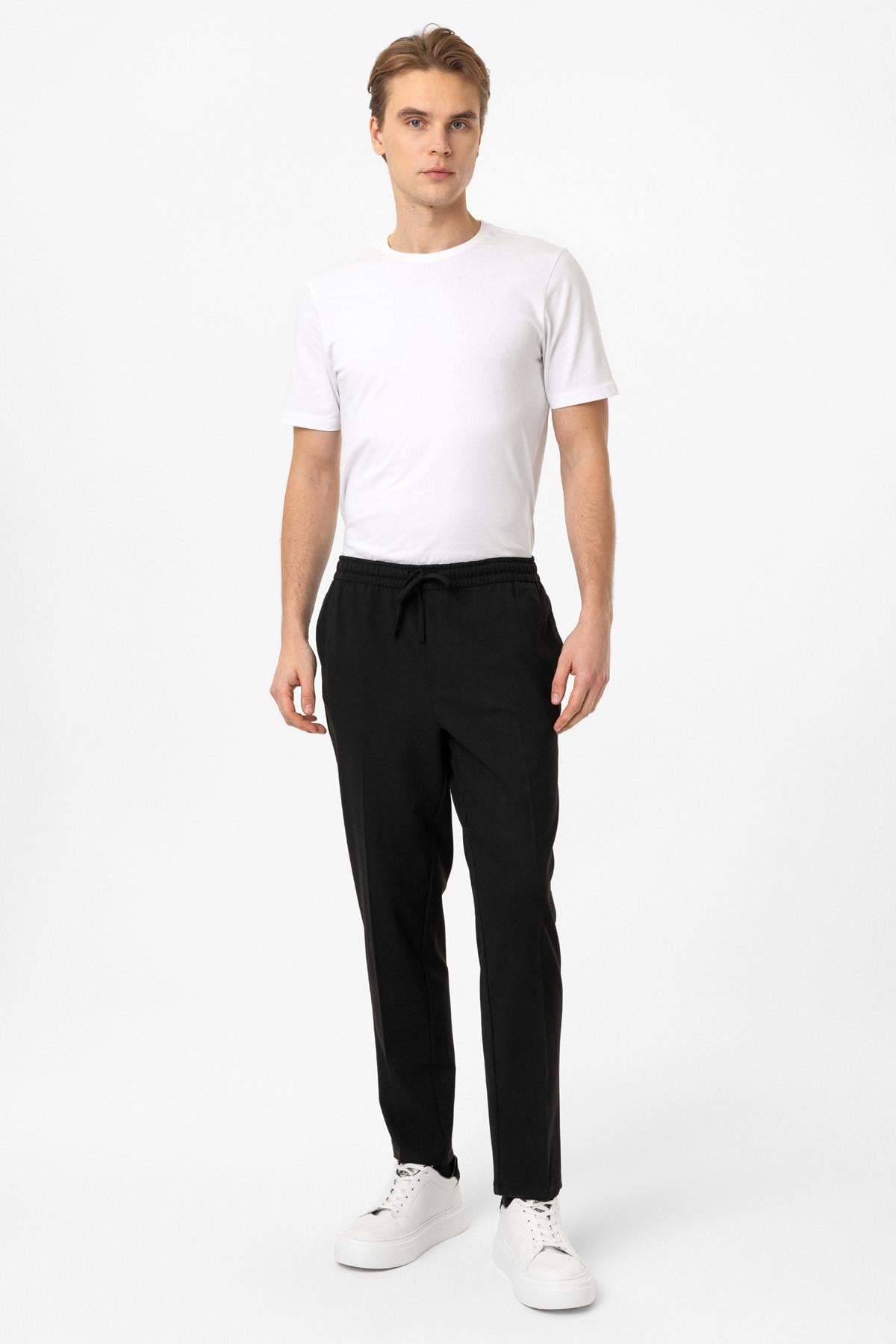 Siyah Smart Fit Yan Cep Beli Bağcıklı Casual Pantolon