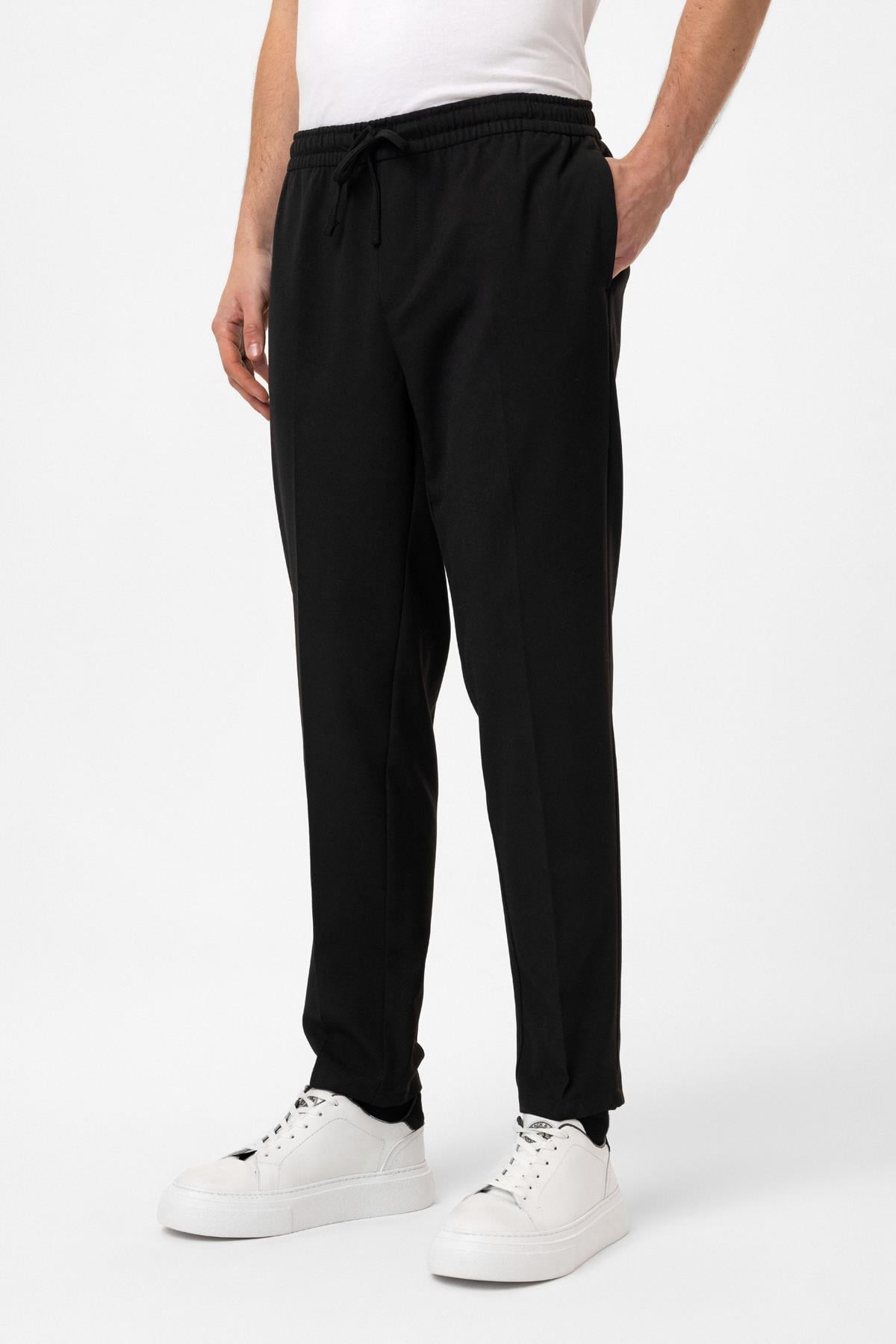 Siyah Smart Fit Yan Cep Beli Bağcıklı Casual Pantolon