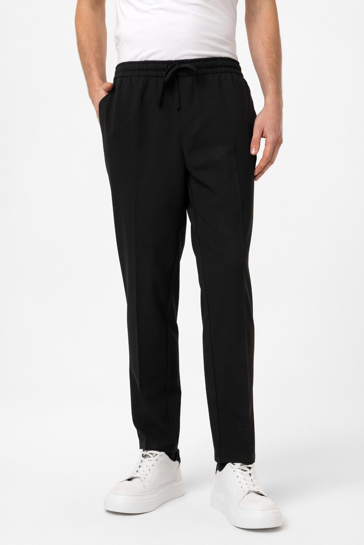 Siyah Smart Fit Yan Cep Beli Bağcıklı Casual Pantolon