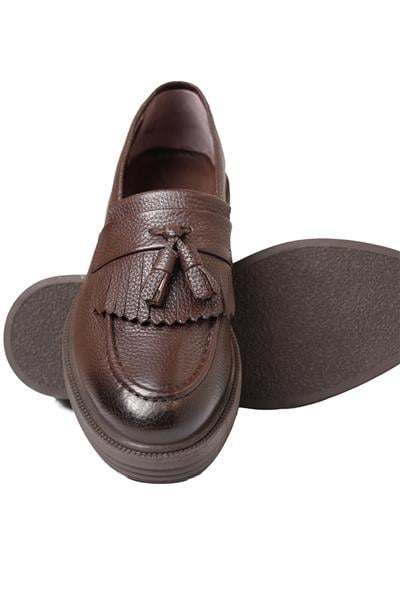 %100 Deri Termo Tabanlı Bağcıksız KahverengiPüsküllü Loafer Ayakkabı
