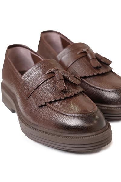 %100 Deri Termo Tabanlı Bağcıksız KahverengiPüsküllü Loafer Ayakkabı