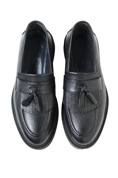 %100 Deri Termo Tabanlı Bağcıksız Siyah Püsküllü Loafer Ayakkabı