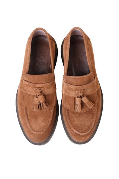 %100 Süet Deri Termo Taban Açık Kahverengi Bağcıklı Püsküllü Loafer Ayakkabı