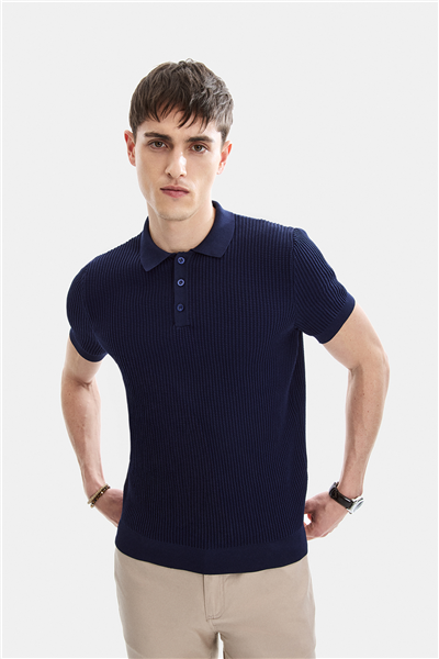 Açık Lacivert Regular Fit Düğmeli Kısa Kol Triko Tişört