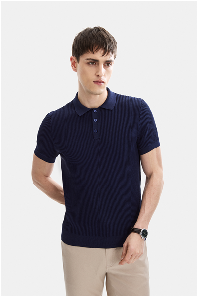 Açık Lacivert Regular Fit Düğmeli Kısa Kol Triko Tişört