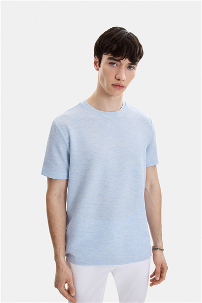 Açık Mavi Regular Fit Örme Bisiklet Yaka Tişört