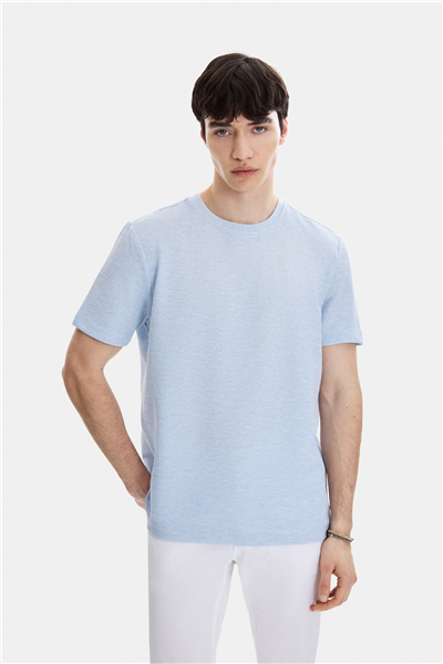 Açık Mavi Regular Fit Örme Bisiklet Yaka Tişört