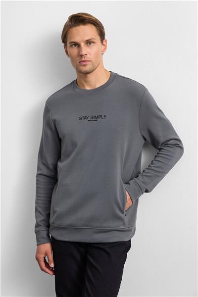 Antrasit Bisiklet Yaka Gizli Fermuarlı Sweatshirt