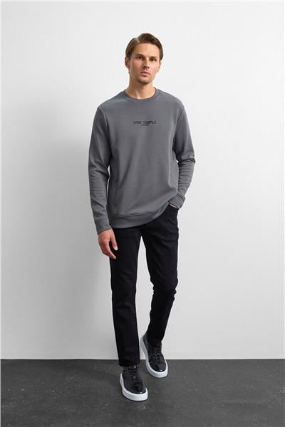 Antrasit Bisiklet Yaka Gizli Fermuarlı Sweatshirt