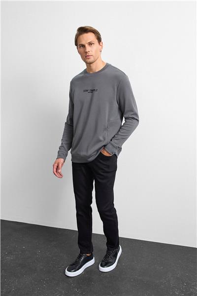 Antrasit Bisiklet Yaka Gizli Fermuarlı Sweatshirt