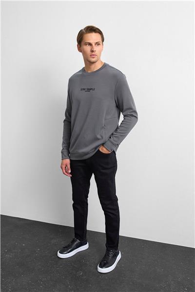 Antrasit Bisiklet Yaka Gizli Fermuarlı Sweatshirt