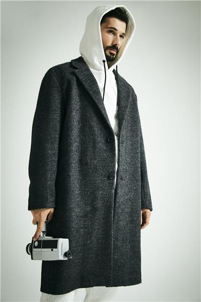 Antrasit Oversize Fit Yünlü Mono Yaka Kaşe Kaban