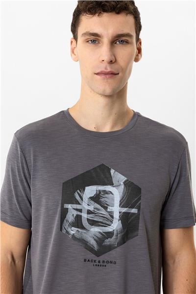 Antrasit Regular Fit Bisiklet Yaka Baskılı Modal Tişört