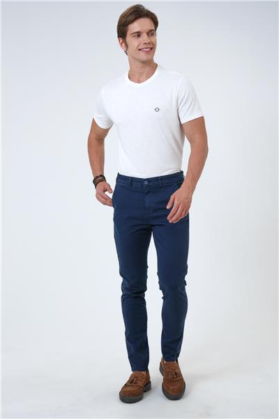 Lacivert Slim Fit Pamuklu Armürlü Chino Pantolon