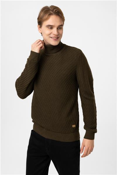Haki Regular Fit Balıkçı Yaka Yünlü Triko Kazak
