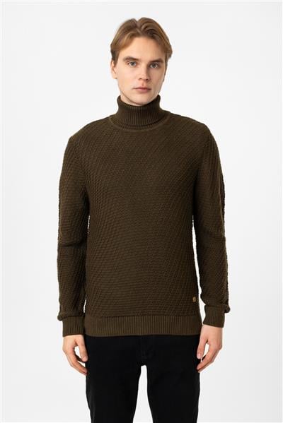 Haki Regular Fit Balıkçı Yaka Yünlü Triko Kazak