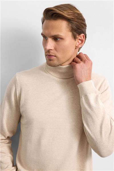 Bej Regular Fit Balıkçı Yaka Triko Kazak