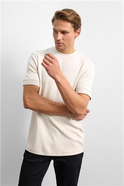 Bej Regular Fit Bisiklet Yaka Tişört