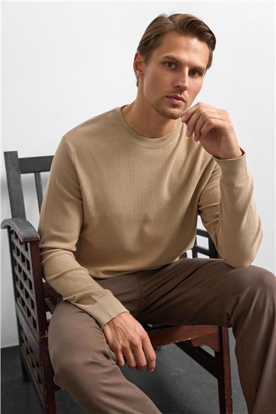 Bej Regular Fit Bisiklet Yaka Triko Kazak