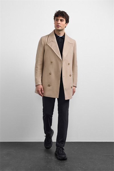 Bej Regular Fit Kruvaze Kısa Kaban