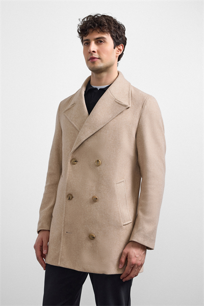 Bej Regular Fit Kruvaze Kısa Kaban