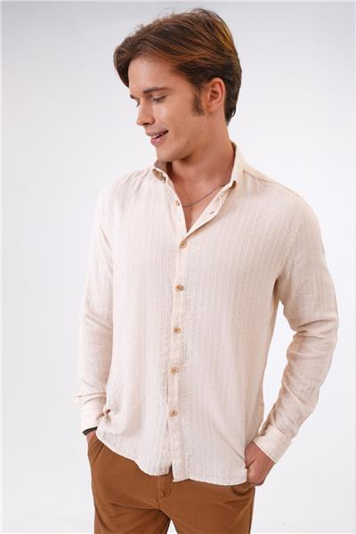 Bej Regular Fit Pamuklu Desenli Gömlek