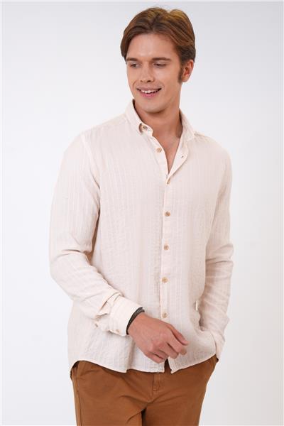 Bej Regular Fit Pamuklu Desenli Gömlek