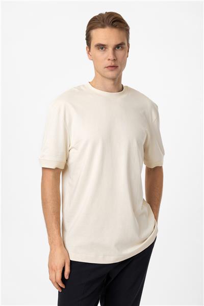 Bej Relaxed Fit %100 Pamuk Kısa Kollu Bisiklet Yaka Sweatshirt