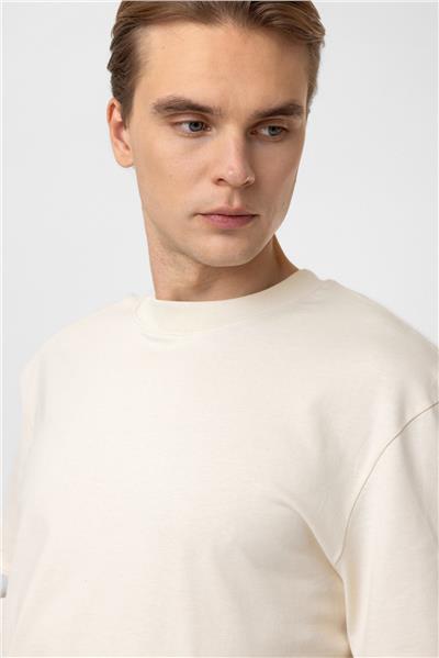 Bej Relaxed Fit %100 Pamuk Kısa Kollu Bisiklet Yaka Sweatshirt