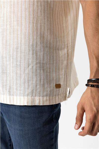 Bej Relaxed Fit Kısa Kollu Çizgili Keten Gömlek
