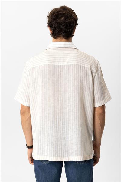 Bej Relaxed Fit Kısa Kollu Çizgili Keten Gömlek