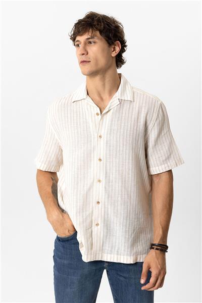 Bej Relaxed Fit Kısa Kollu Çizgili Keten Gömlek