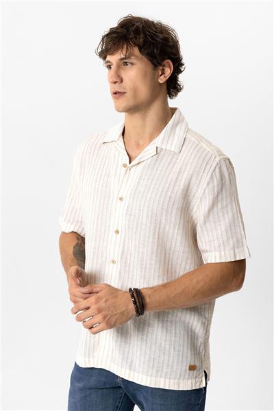 Bej Relaxed Fit Kısa Kollu Çizgili Keten Gömlek