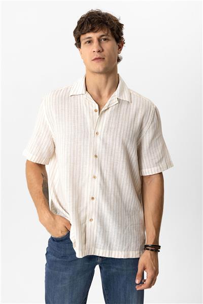 Bej Relaxed Fit Kısa Kollu Çizgili Keten Gömlek