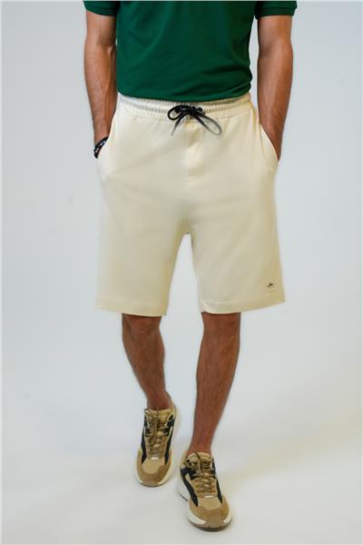 Bej Relaxed Fit Yan Cepli %100 Pamuk Beli Bağlamalı Şort
