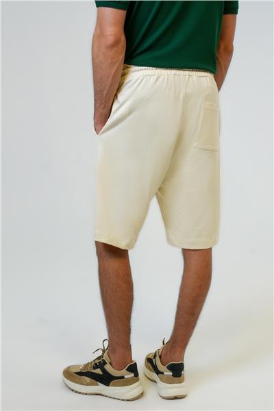 Bej Relaxed Fit Yan Cepli %100 Pamuk Beli Bağlamalı Şort
