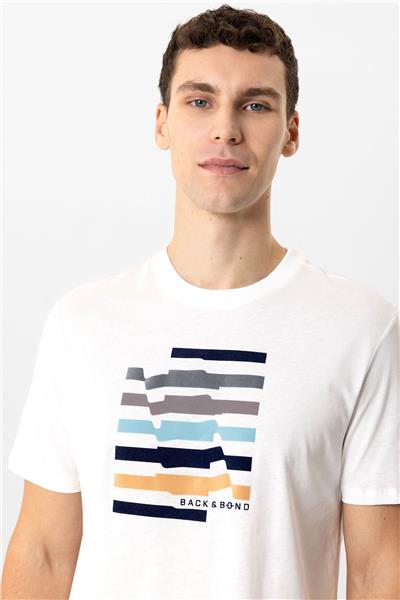 Beyaz Regular Fit Bisiklet Yaka Baskılı Tişört