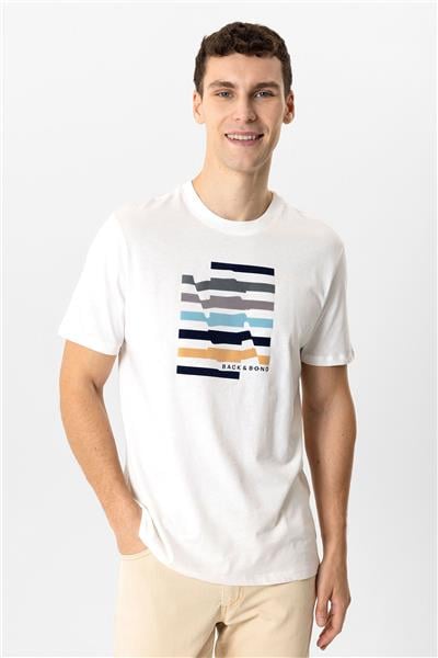 Beyaz Regular Fit Bisiklet Yaka Baskılı Tişört