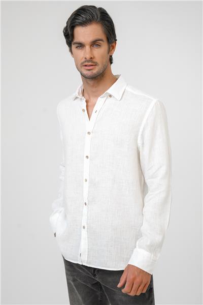 Beyaz Regular Fit Keten Gömlek