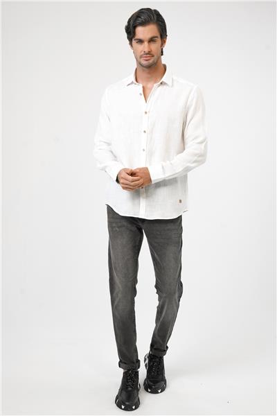 Beyaz Regular Fit Keten Gömlek