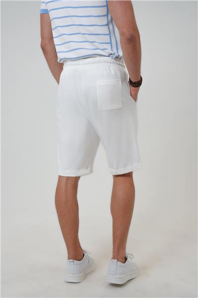 Beyaz Relaxed Fit Yan Cepli %100 Pamuk Beli Bağlamalı Şort