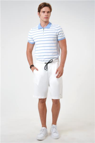 Beyaz Relaxed Fit Yan Cepli %100 Pamuk Beli Bağlamalı Şort