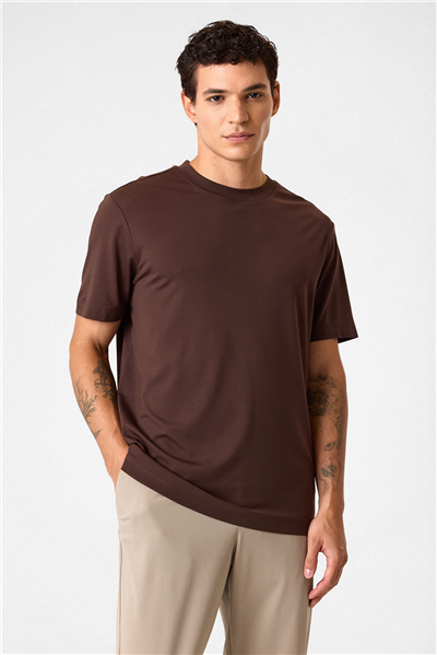 Regular Fit Bisiklet Yaka Kahve Tişört